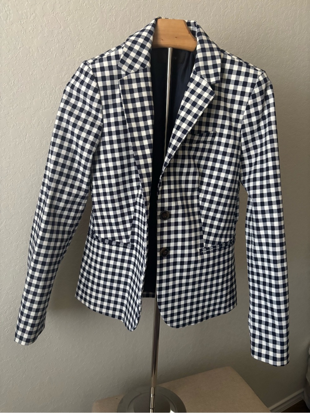 J.Crew Gingham Blazer Navy White Check Two Button Notch Lapel Womens XS
